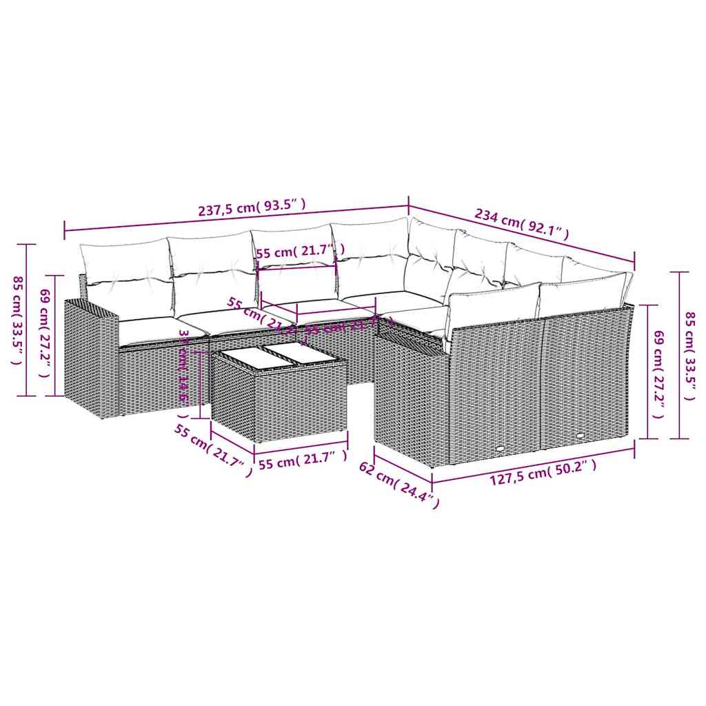 Set Divano da Giardino 9pz con Cuscini Grigio Chiaro Polyrattan | homemem39