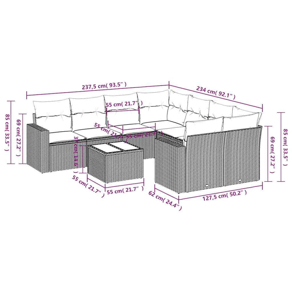 Set Divano da Giardino 9pz con Cuscini Marrone in Polyrattan | homemem39