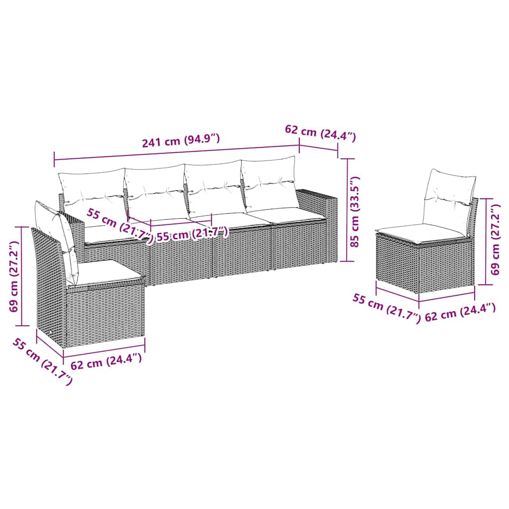Set Divano da Giardino 6 pz con Cuscini Nero in Polyrattan
