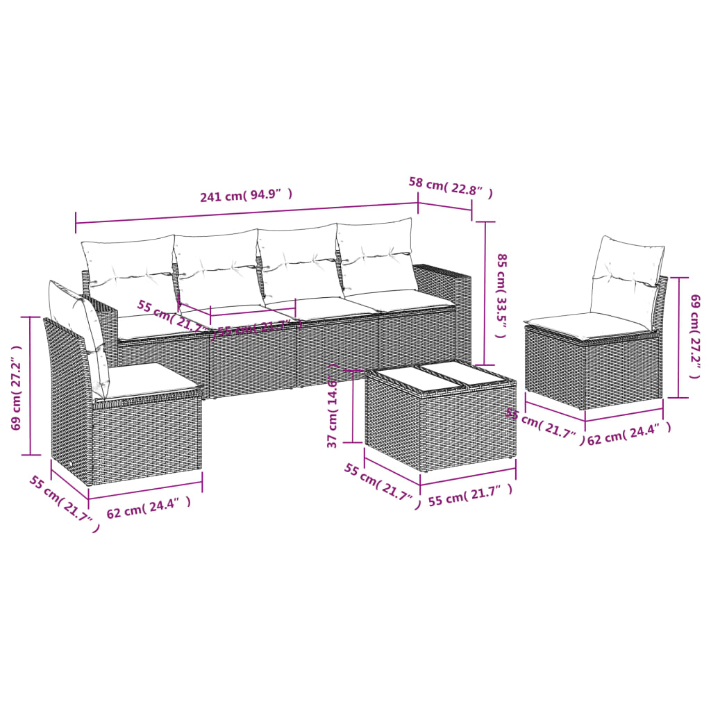 Set Divani da Giardino 7 pz con Cuscini Marrone in Polyrattan | homemem39