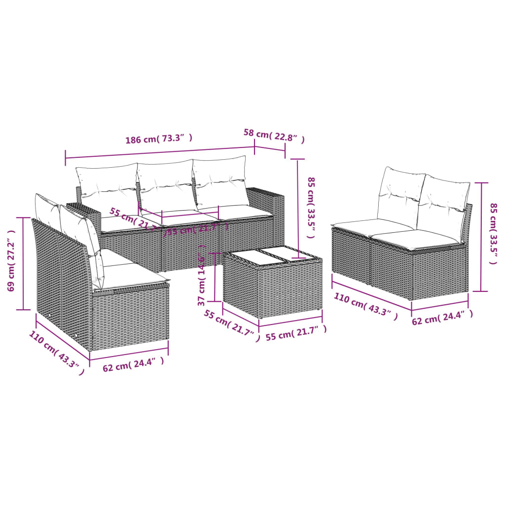 Set Divani da Giardino con Cuscini 8 pz Nero in Polyrattan | homemem39