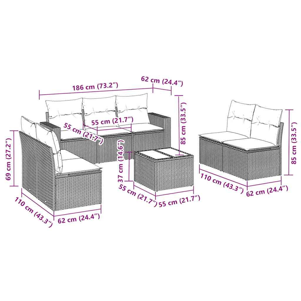 Set Divani da Giardino con Cuscini 8 pz Nero in Polyrattan