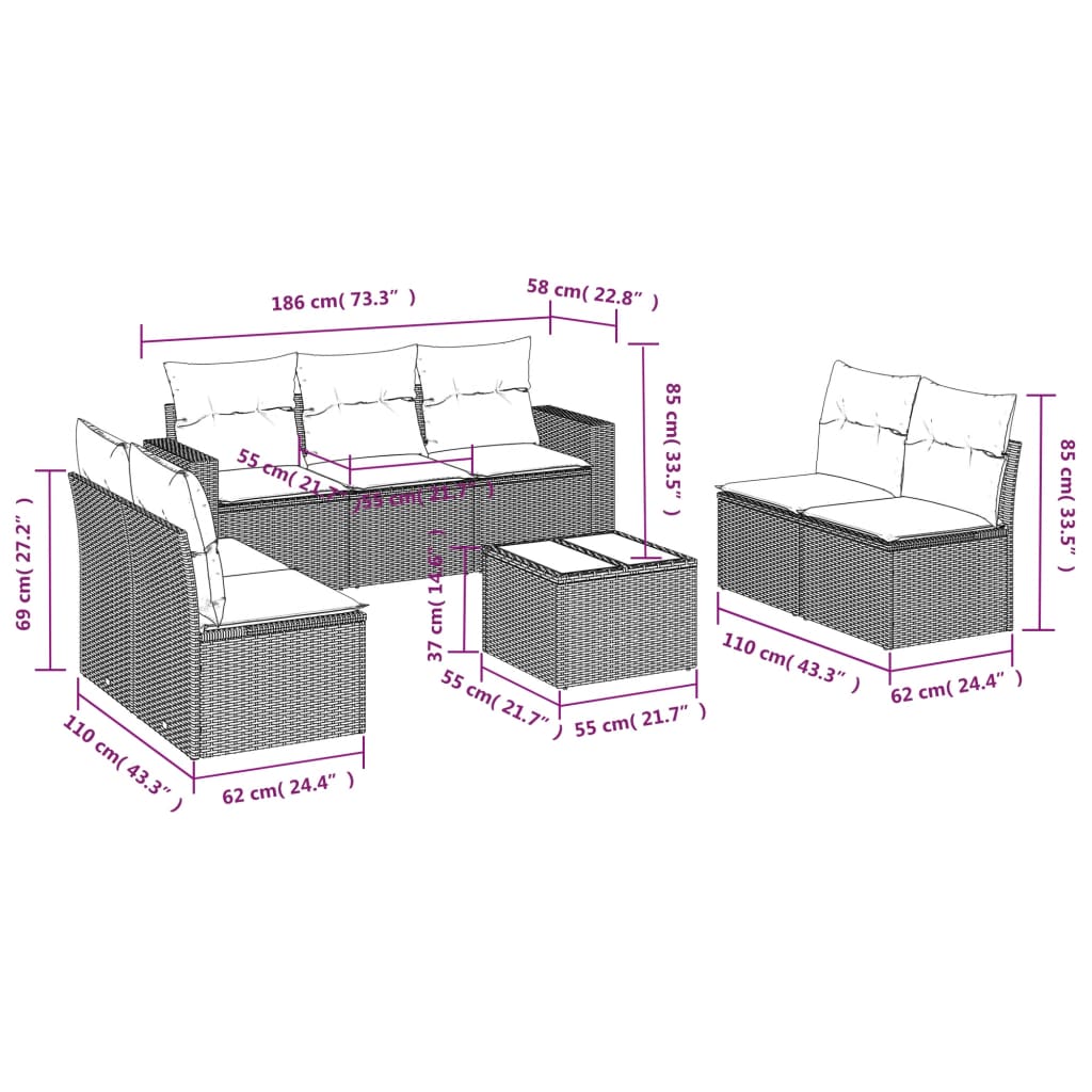 Set Divano da Giardino 8 pz con Cuscini Beige in Polyrattan | homemem39