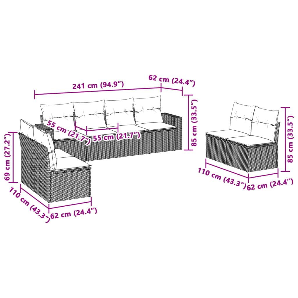 Set Divano da Giardino 8pz con Cuscini Grigio Chiaro Polyrattan | homemem39