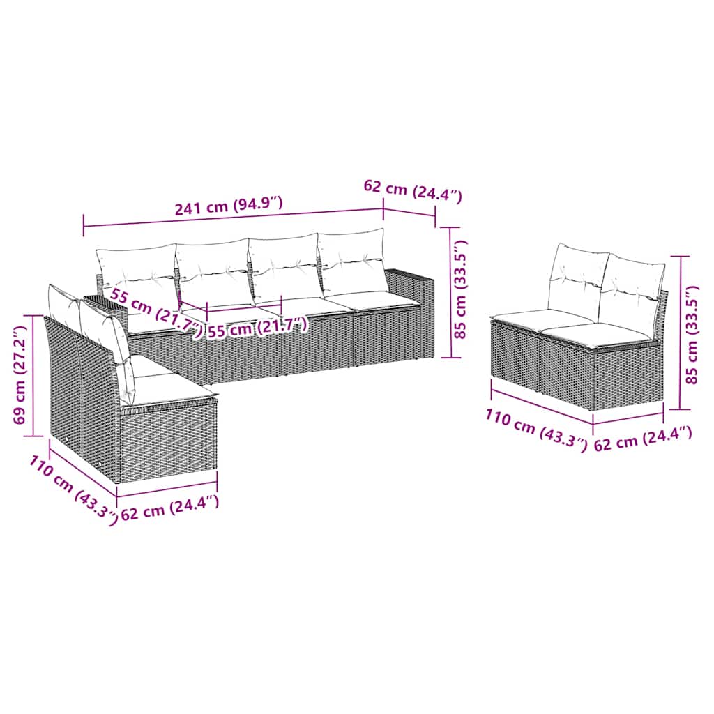 Set Divani da Giardino 8 pz con Cuscini Marrone in Polyrattan