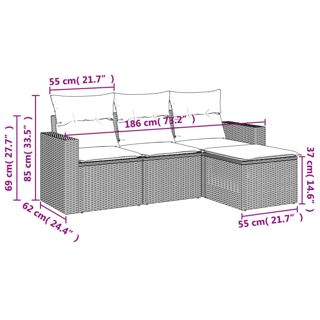 Set Divani da Giardino 4 pz con Cuscini Nero in Polyrattan | homemem39