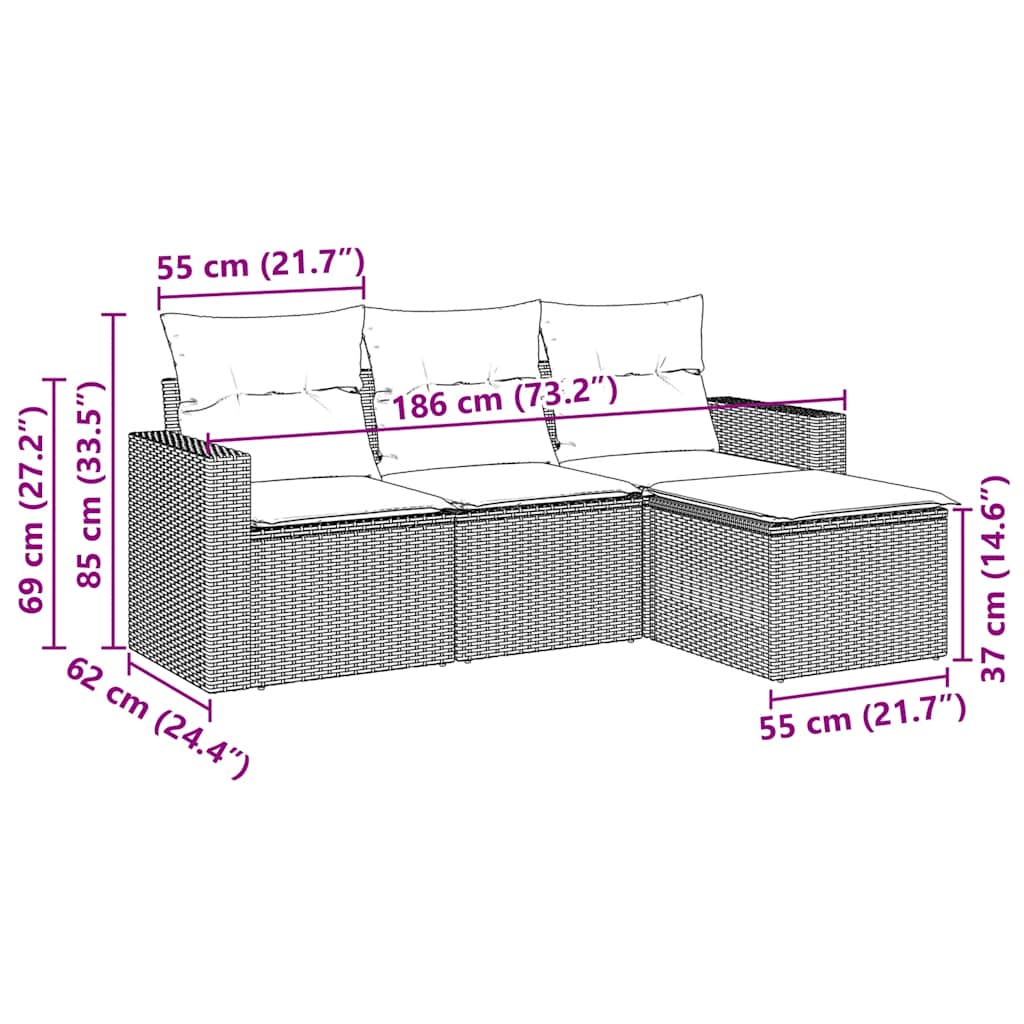 Set Divani da Giardino 4 pz con Cuscini Nero in Polyrattan | homemem39