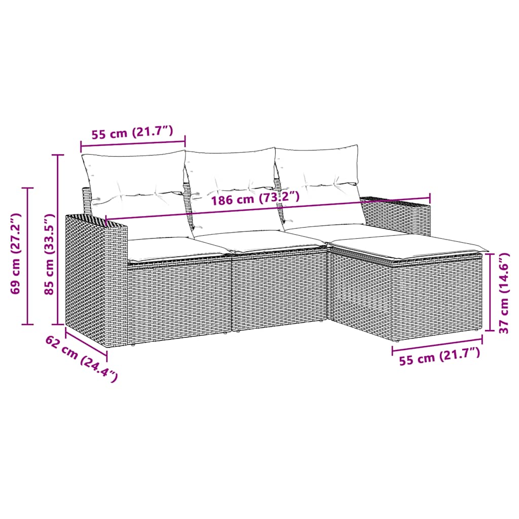 Set Divano da Giardino 4pz con Cuscini Grigio Chiaro Polyrattan