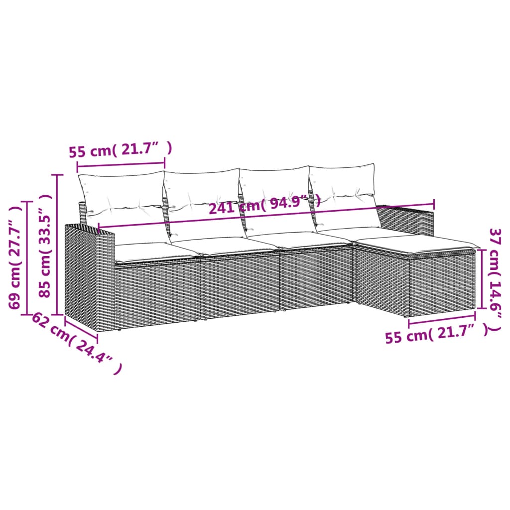 Set Divano da Giardino 5 pz con Cuscini Grigio in Polyrattan | homemem39