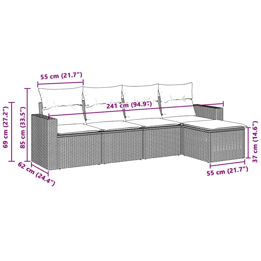 Set Divano da Giardino 5pz con Cuscini Grigio Chiaro Polyrattan | homemem39