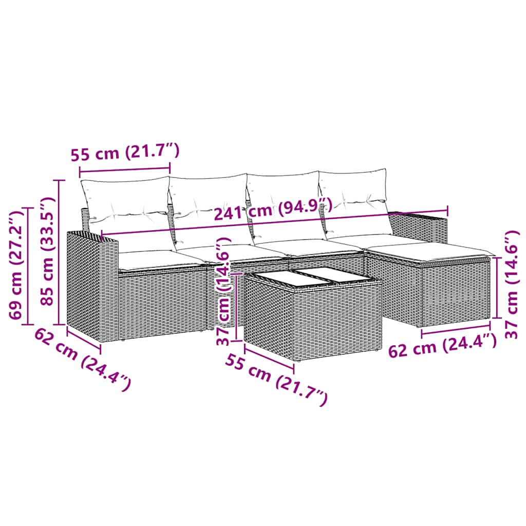 Set Divano da Giardino 6 pz con Cuscini Nero in Polyrattan