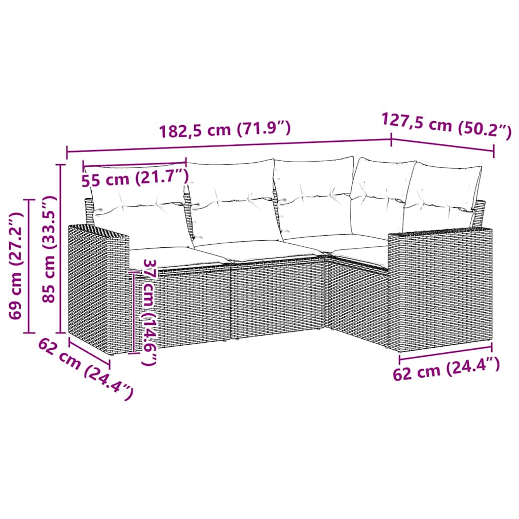 Set Divani da Giardino 4 pz con Cuscini Nero in Polyrattan