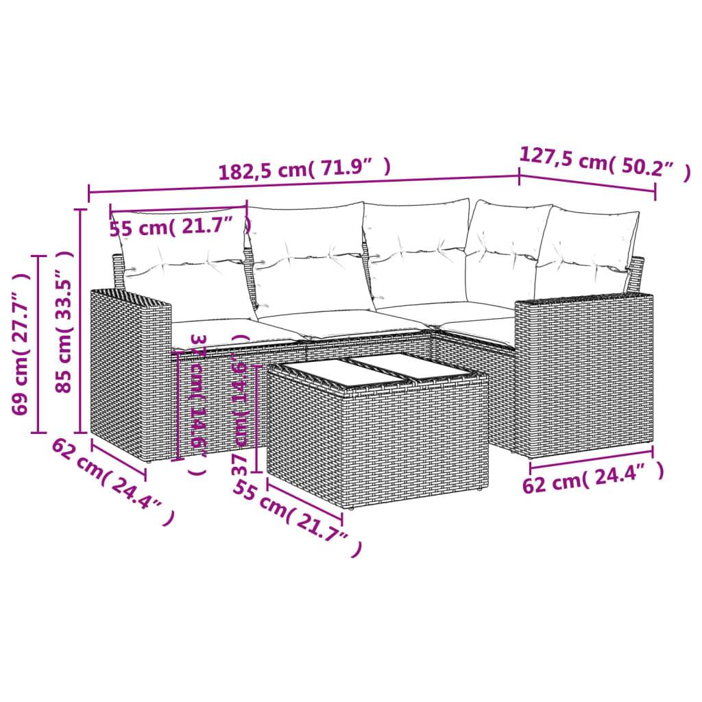 Set Divano da Giardino 5 pz con Cuscini Marrone in Polyrattan | homemem39