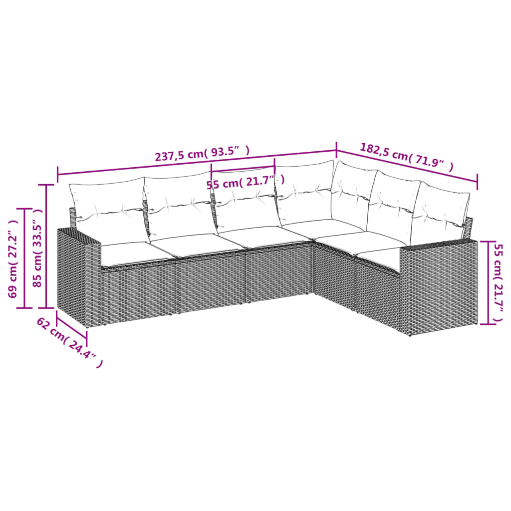 Set Divano da Giardino 6pz con Cuscini Grigio Chiaro Polyrattan | homemem39