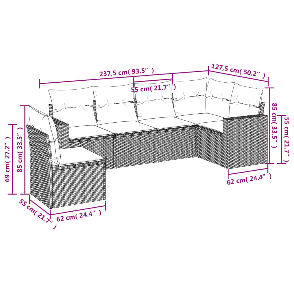 Set Divano da Giardino 6 pz con Cuscini Grigio in Polyrattan | homemem39
