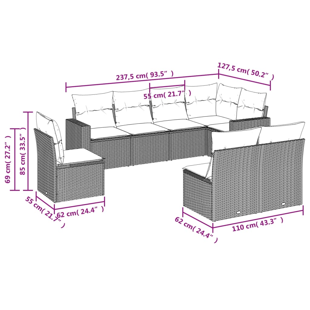 Set Divani da Giardino con Cuscini 8 pz Nero in Polyrattan | homemem39