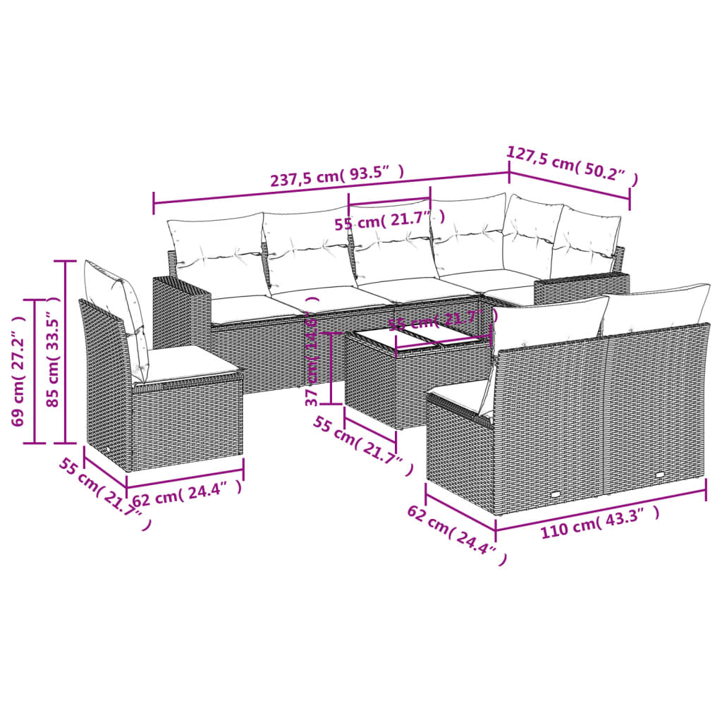 Set Divano da Giardino 9 pz con Cuscini Beige in Polyrattan | homemem39