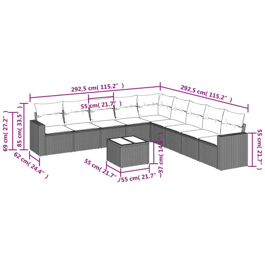 Set Divani da Giardino 10pz con Cuscini in Polyrattan Marrone | homemem39