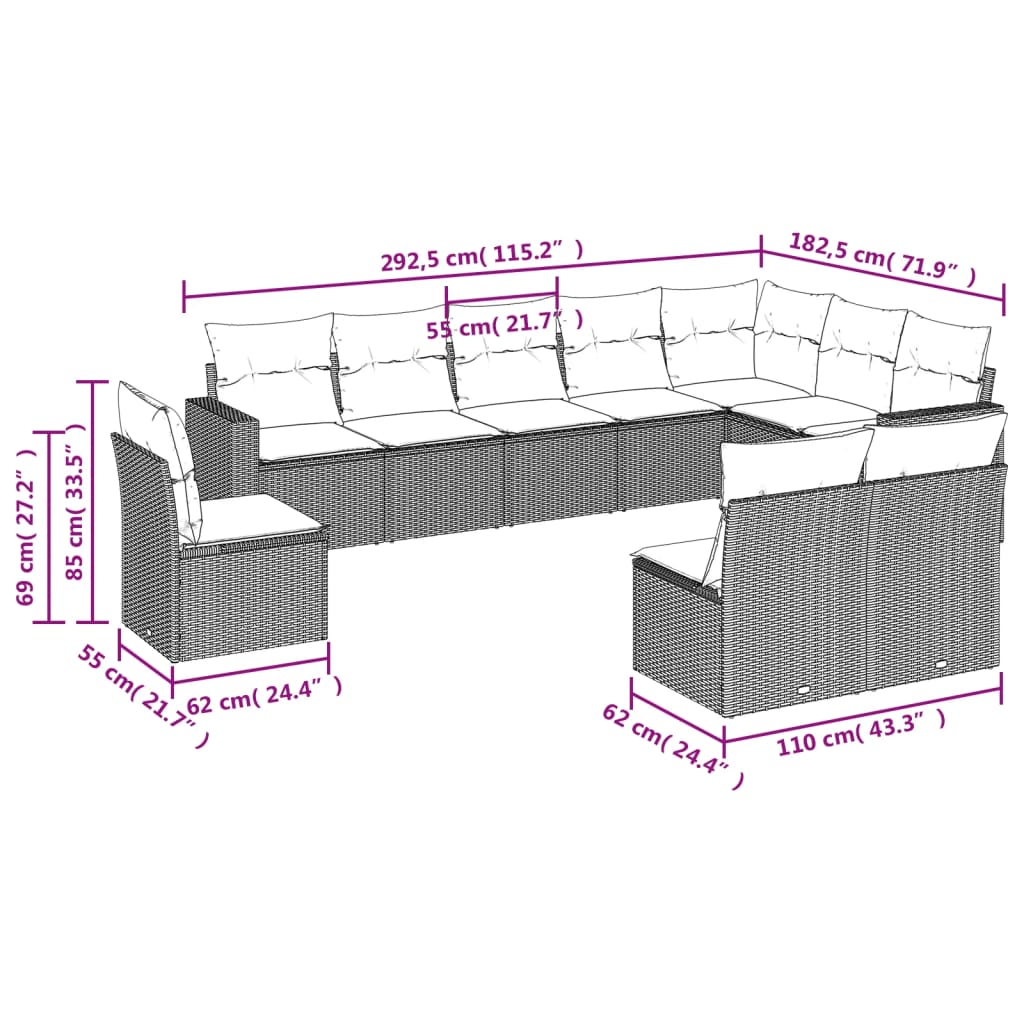 Set Divani da Giardino 10pz con Cuscini in Polyrattan Nero | homemem39
