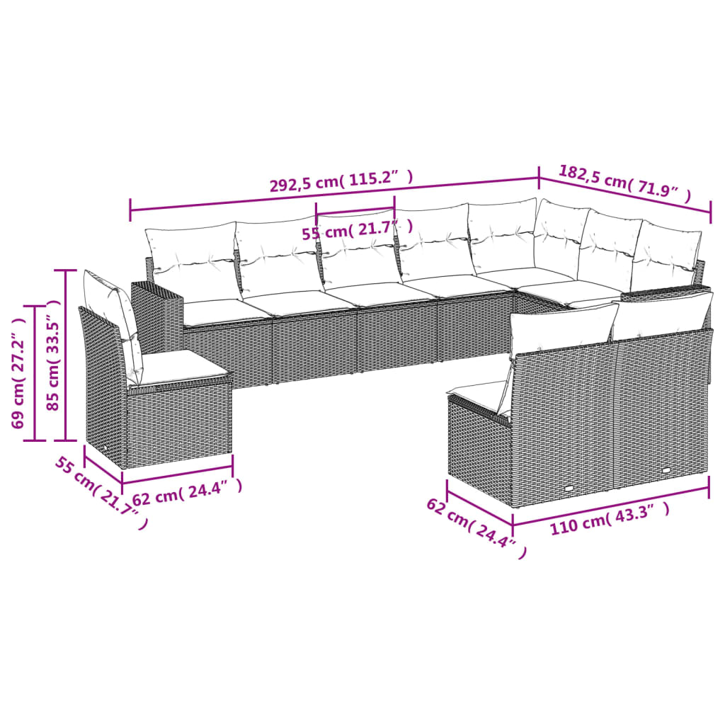 Set Divani da Giardino 10pz con Cuscini in Polyrattan Marrone | homemem39