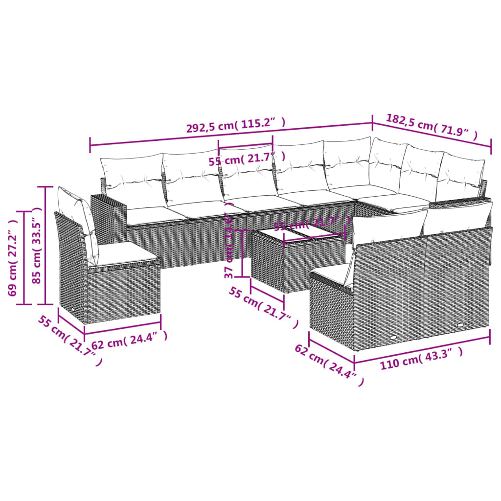 Set Divani da Giardino 11 pz con Cuscini in Polyrattan Nero | homemem39