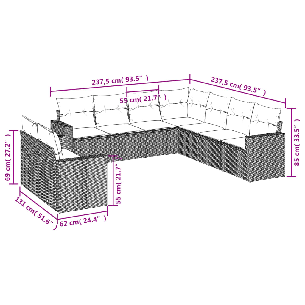 Set Divani da Giardino 9 pz con Cuscini Nero in Polyrattan | homemem39
