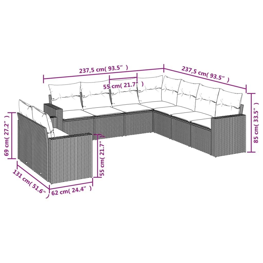 Set Divani da Giardino 9 pz con Cuscini Nero in Polyrattan | homemem39