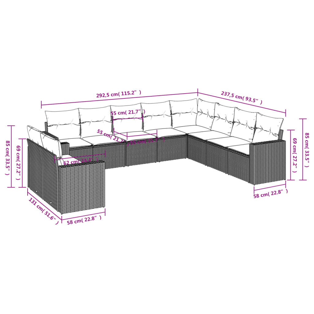 Set Divano da Giardino 10 pz con Cuscini Grigio in Polyrattan | homemem39