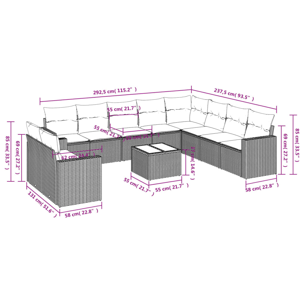 Set Divani da Giardino 11 pz con Cuscini in Polyrattan Nero | homemem39