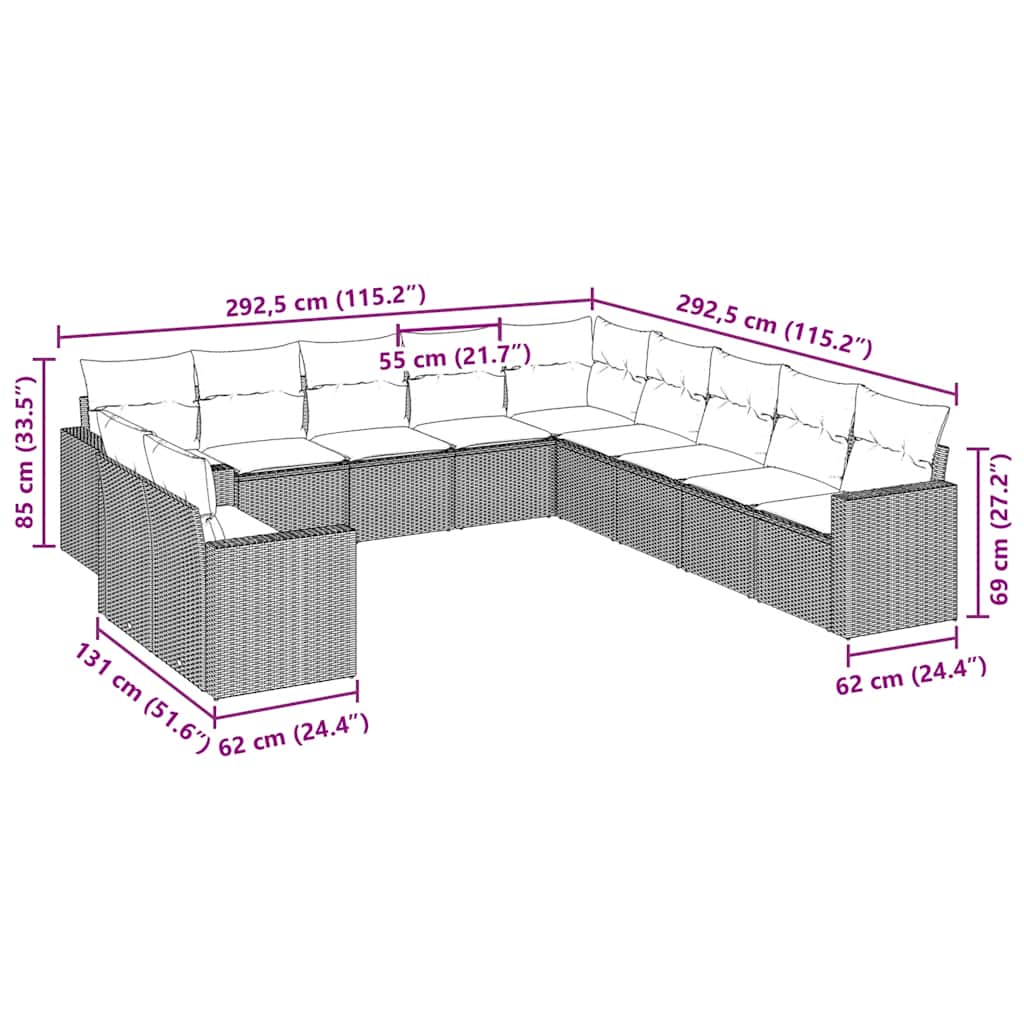 Set Divani da Giardino 11 pz con Cuscini in Polyrattan Nero