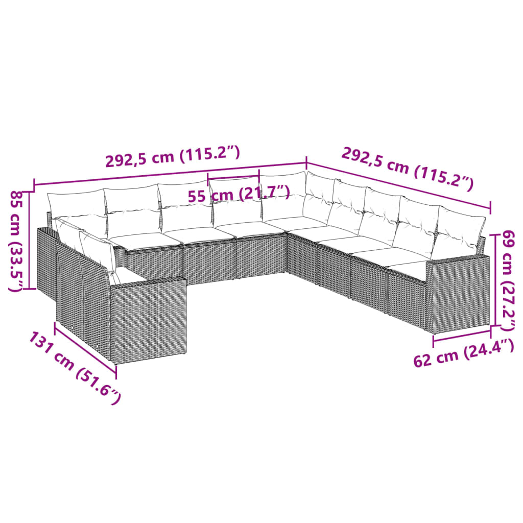 Set Divani da Giardino 11 pz con Cuscini Polyrattan Marrone | homemem39