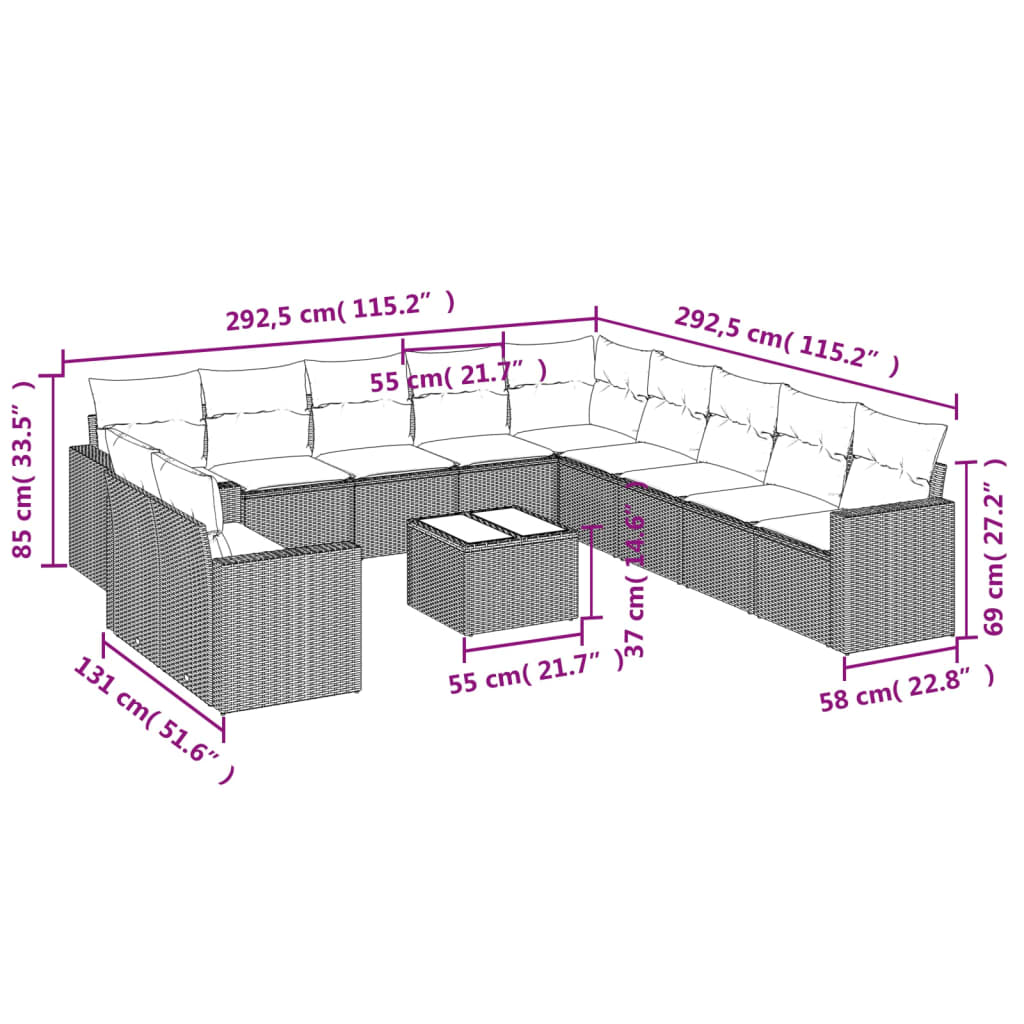 Set Divani da Giardino 12 pz con Cuscini Beige in Polyrattan | homemem39