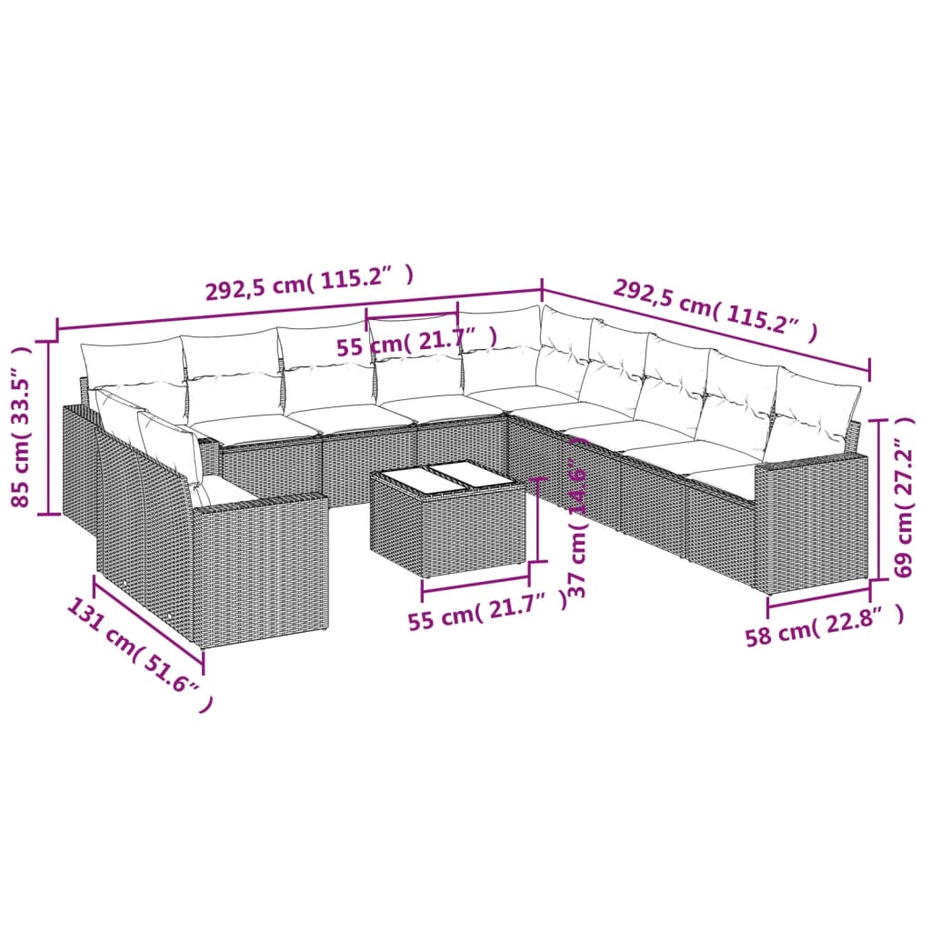 Set Divani da Giardino 12 pz con Cuscini Grigio in Polyrattan | homemem39