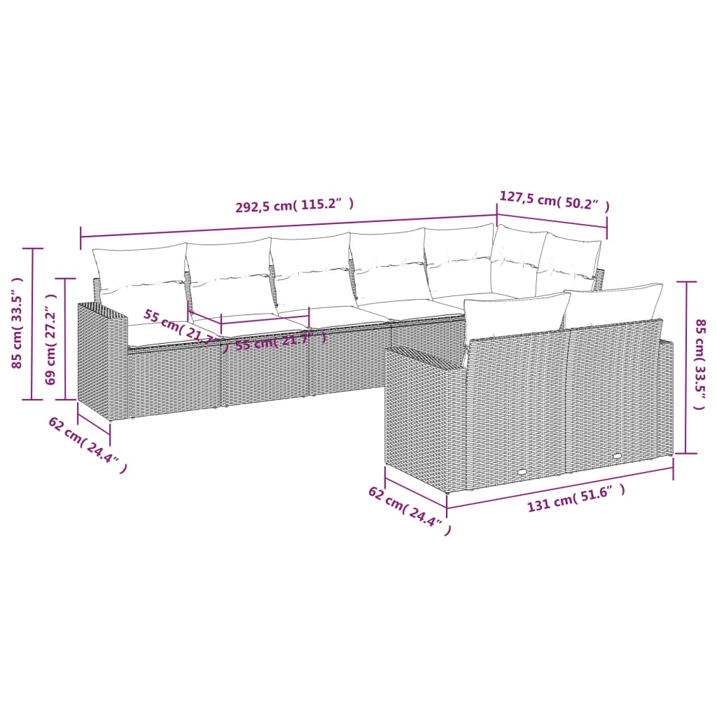 Set Divano da Giardino 8 pz con Cuscini Grigio in Polyrattan | homemem39