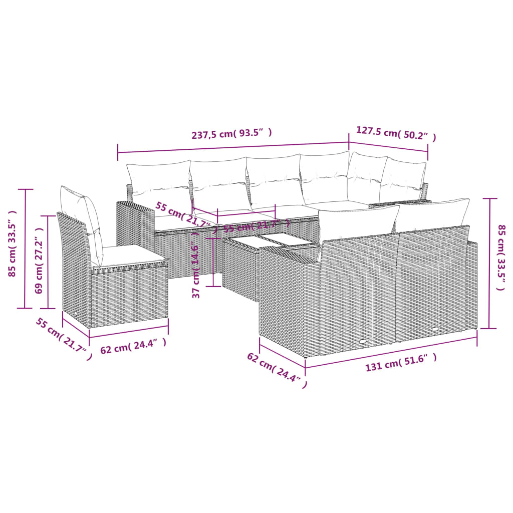 Set Divani da Giardino 9 pz con Cuscini Nero in Polyrattan | homemem39
