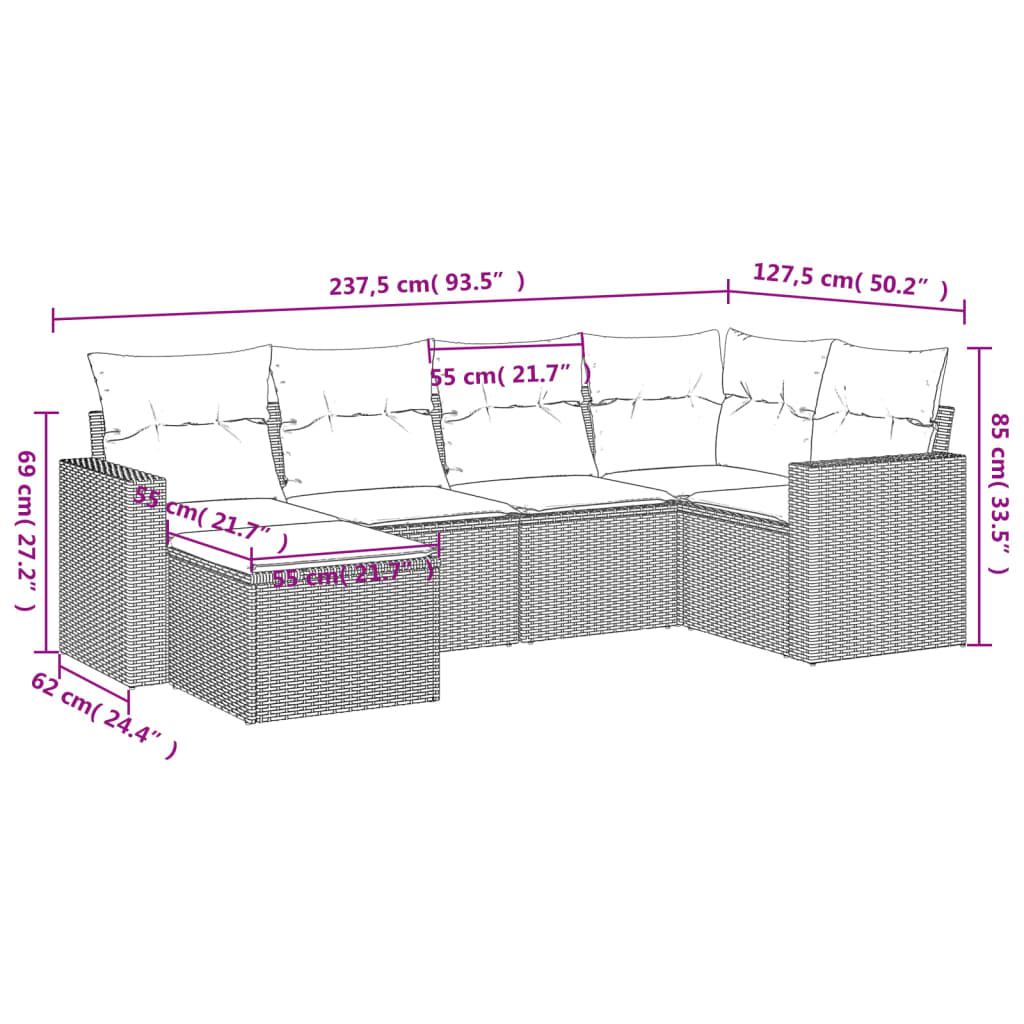 Set Divano da Giardino 6 pz con Cuscini Beige in Polyrattan | homemem39