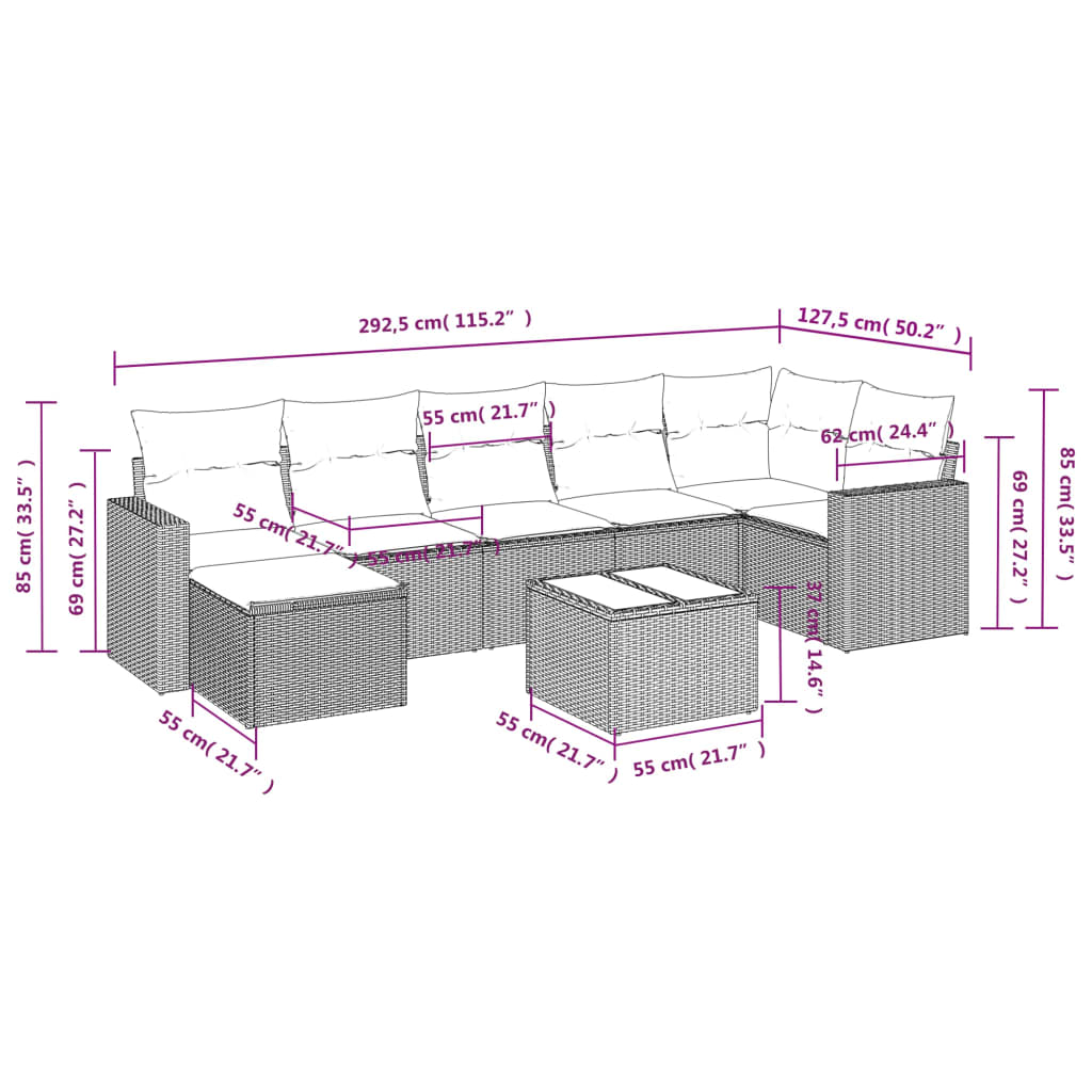 Set Divano da Giardino 8 pz con Cuscini Beige in Polyrattan | homemem39