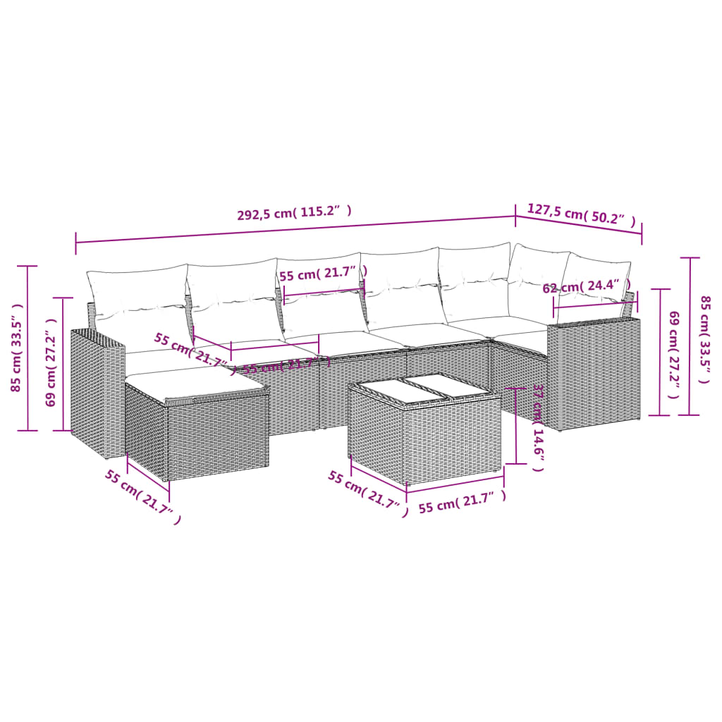 Set Divano da Giardino 8 pz con Cuscini Beige in Polyrattan | homemem39