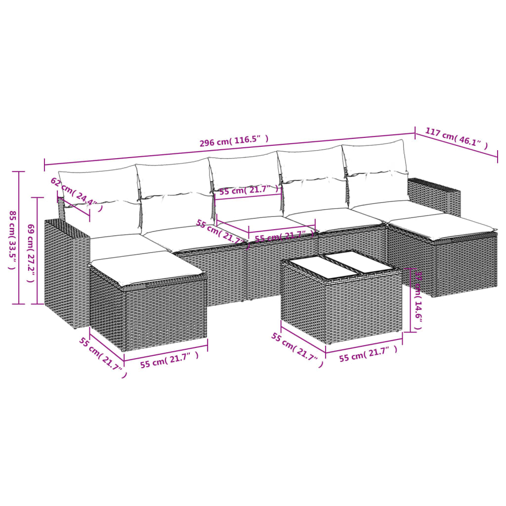 Set Divani da Giardino con Cuscini 8 pz Nero in Polyrattan | homemem39
