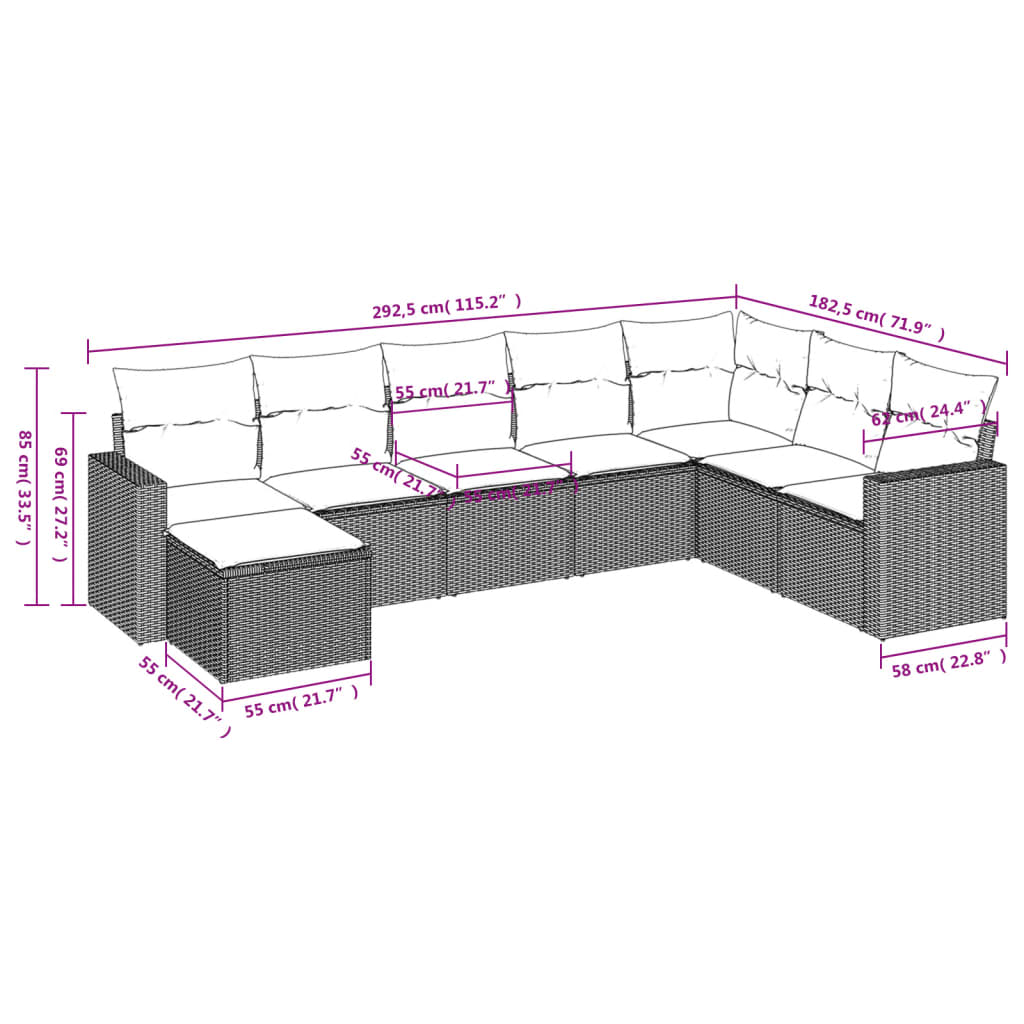Set Divani da Giardino con Cuscini 8 pz Nero in Polyrattan | homemem39