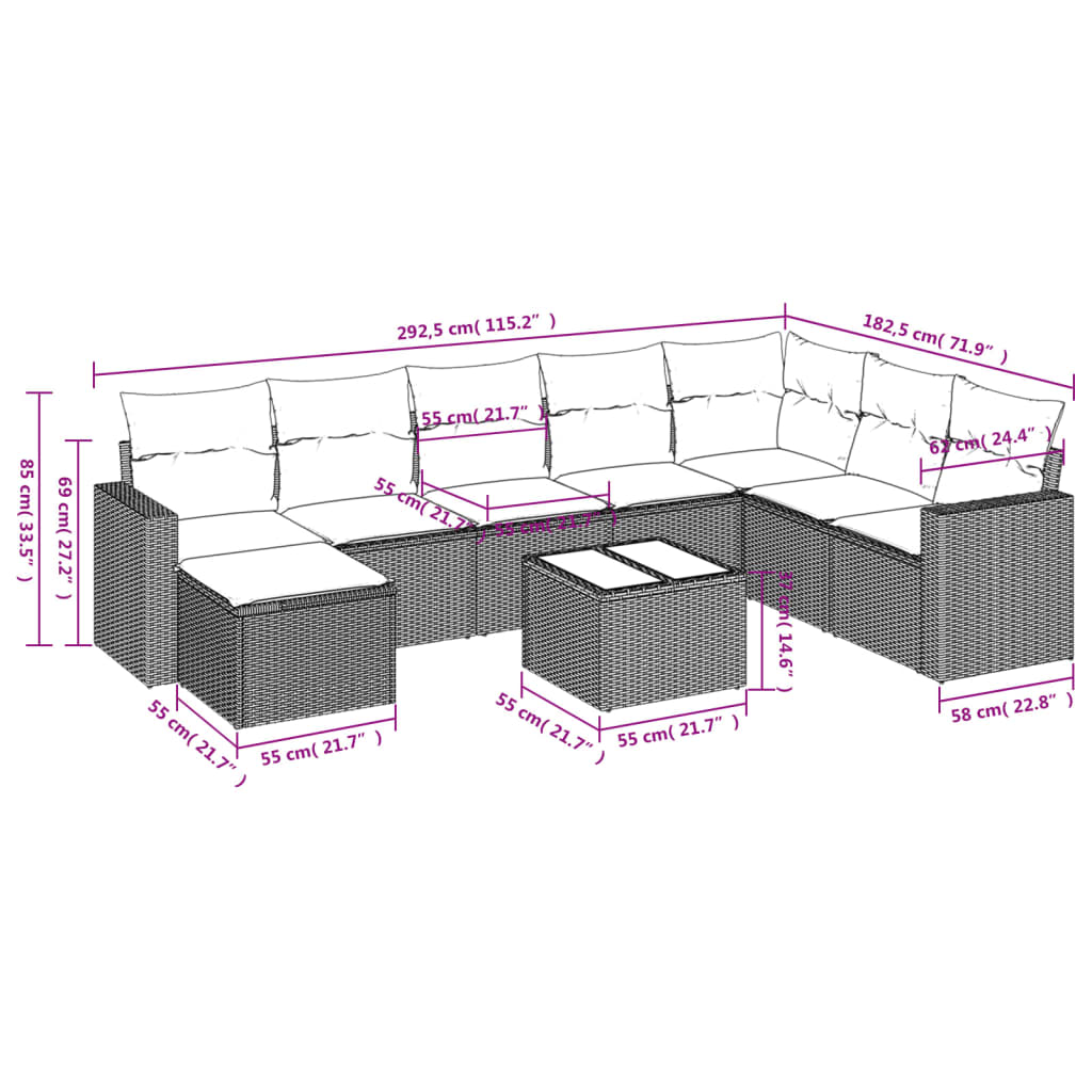 Set Divani da Giardino 9 pz con Cuscini Nero in Polyrattan | homemem39