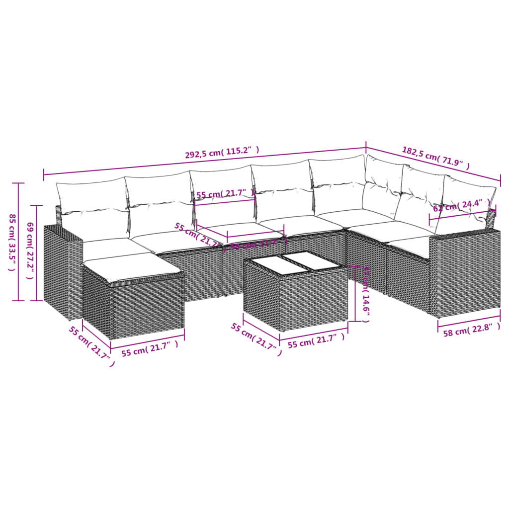 Set Divani da Giardino 9 pz con Cuscini Nero in Polyrattan | homemem39