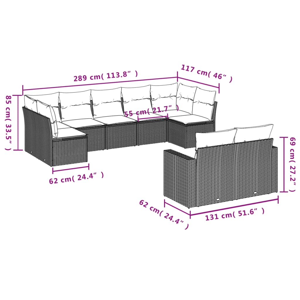 Set Divano da Giardino 9 pz con Cuscini Beige in Polyrattan | homemem39