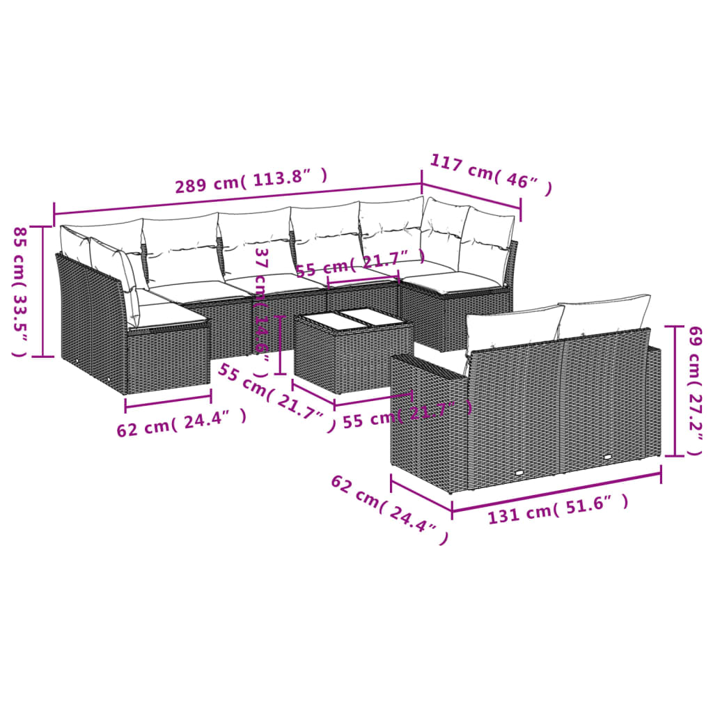Set Divano Giardino 10 pz con Cuscini Grigio Chiaro Polyrattan