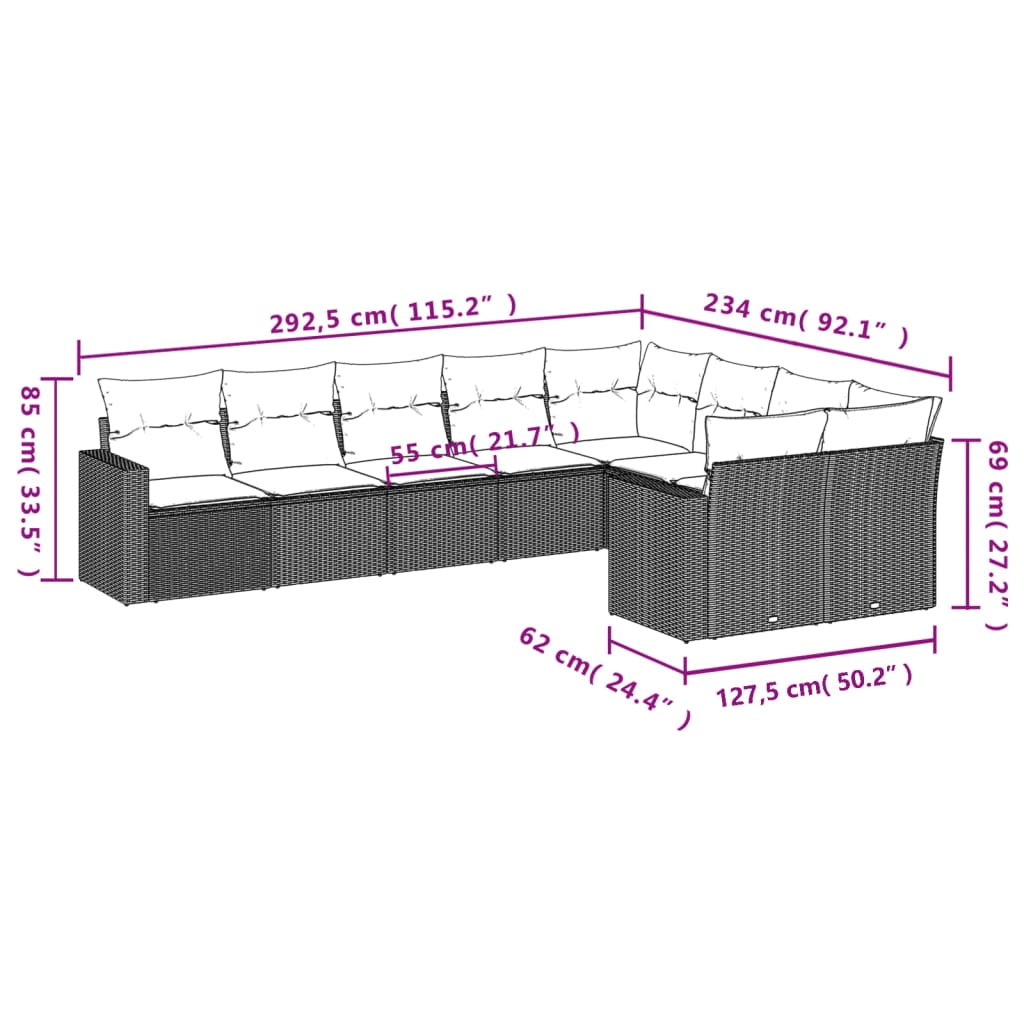 Set Divano da Giardino 9 pz con Cuscini Beige in Polyrattan | homemem39