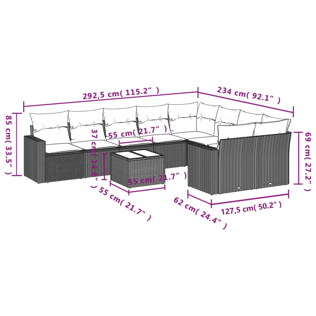 Set Divano da Giardino 10 pz con Cuscini Beige in Polyrattan | homemem39