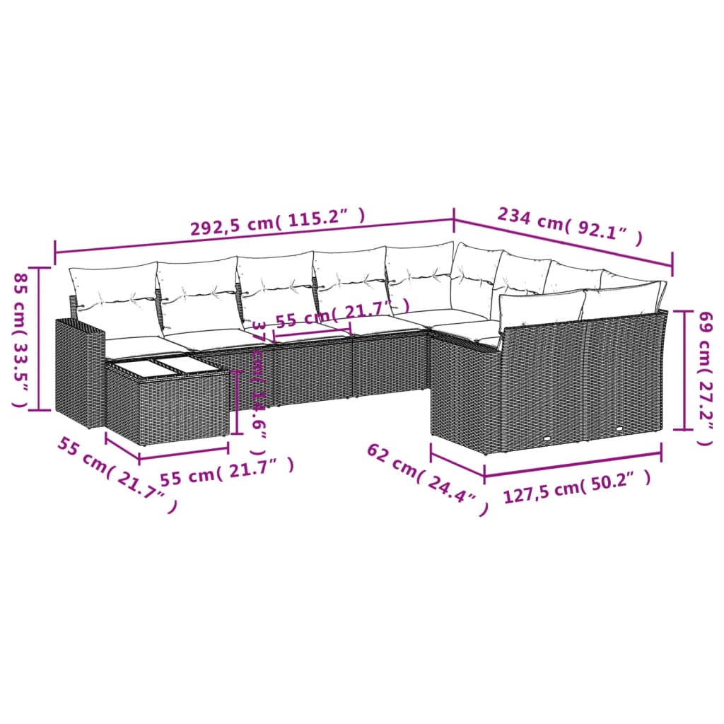 Set Divani da Giardino 10pz con Cuscini in Polyrattan Nero | homemem39