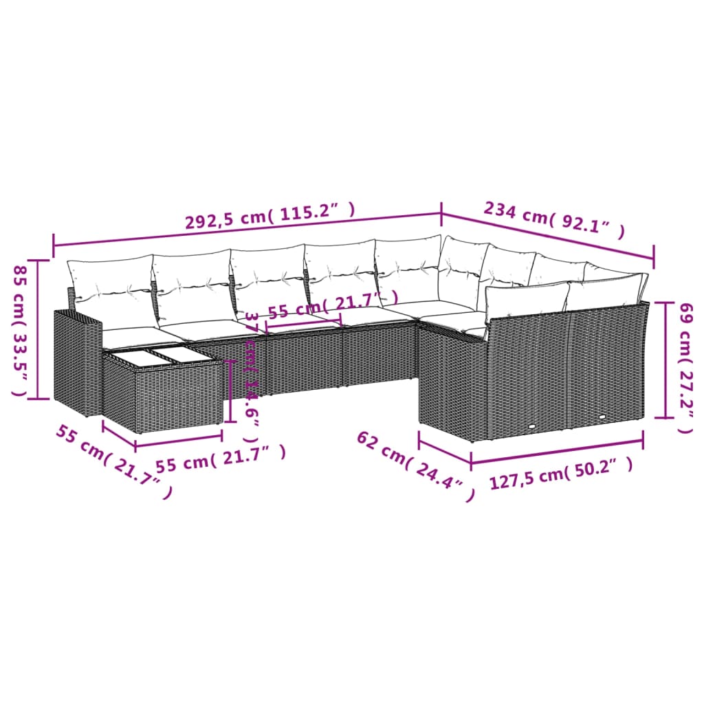 Set Divano Giardino 10 pz con Cuscini Grigio Chiaro Polyrattan | homemem39