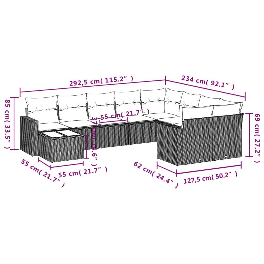 Set Divani da Giardino 10pz con Cuscini in Polyrattan Marrone | homemem39