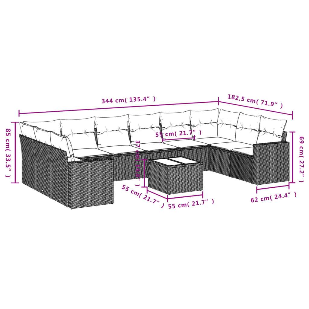 Set Divani da Giardino 11 pz con Cuscini Polyrattan Marrone | homemem39
